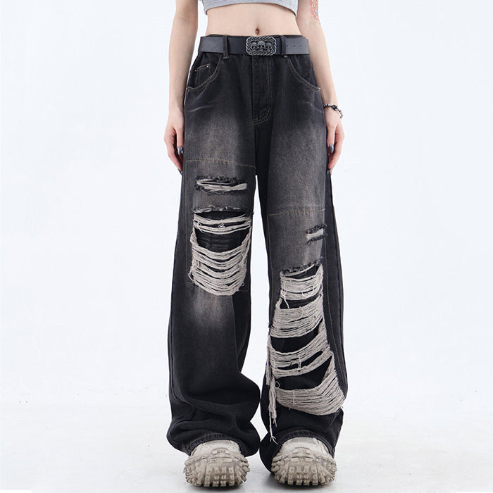 Grunge Aesthetic Ripped Wide Jeans Maxct