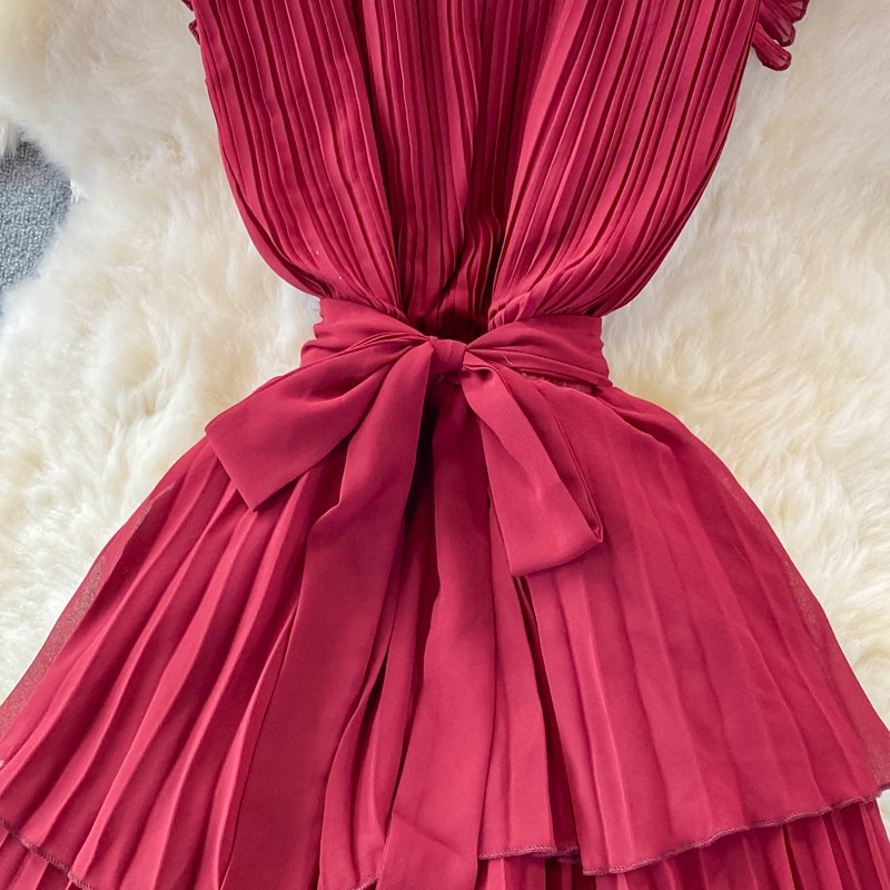 Women's Purple/Pink/Green Draped Dress Vintage Ruffle Stand Collar Sleeveless High Waist Party Pleated Vestidos Female New