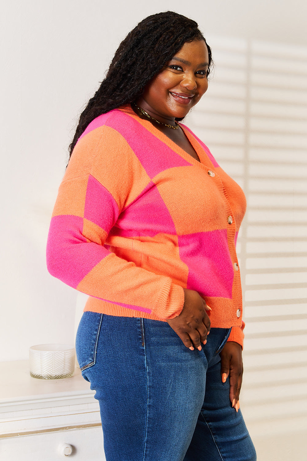 Maxct &Angel Wings Woven Right Checkered V-Neck Dropped Shoulder Cardigan