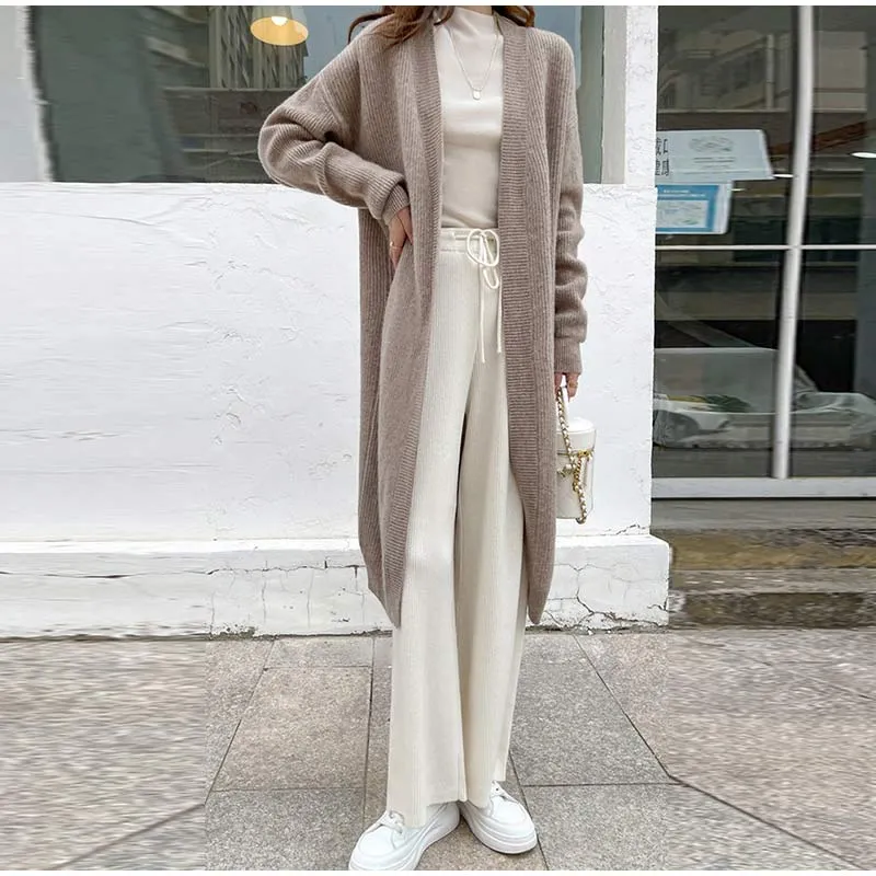 Casual Knitted Solid Long Cardigan Women Korean Loose Long Open Sweaters Female Autumn Chic Warm Simple Daily Street Tops