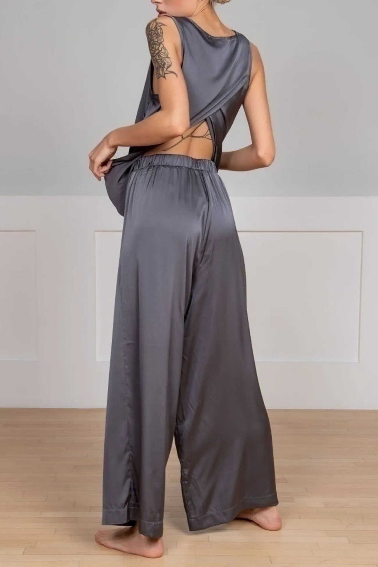 Maxct Satin Slit Tank Top Wide Leg Long Pants Set
