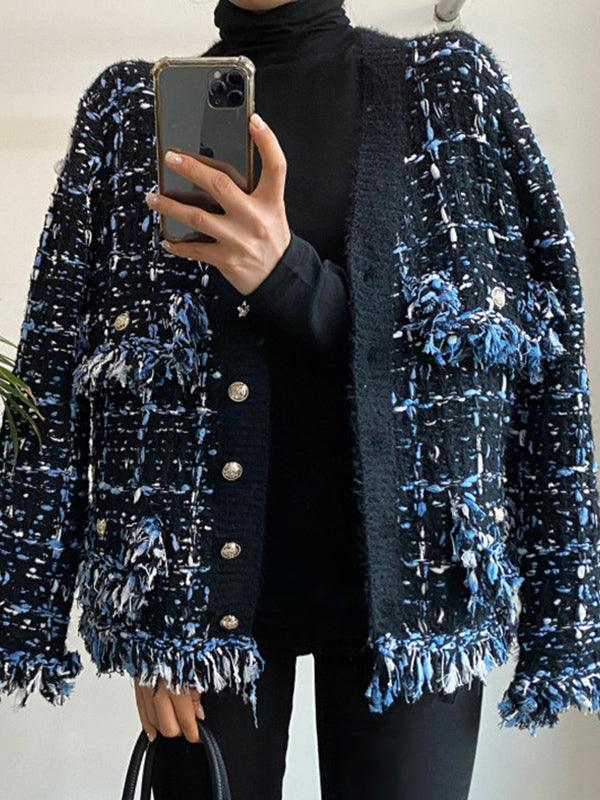 Maxct Vintage V-Neck Fringed Frayed Mélange Knit Cardigan