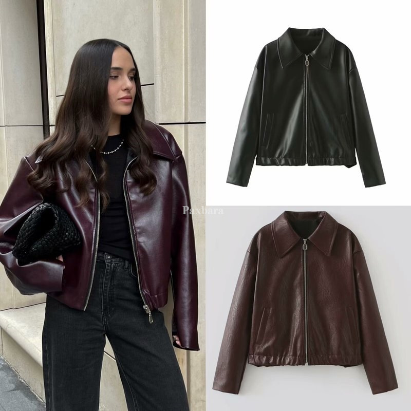 Maxct harajuku fashion dress to impress Women's Retro Lapel Zipper Leather Jacket American Casual Leather Coat Women