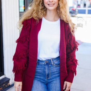 Maxct &Beautiful You Burgundy Fringe Detail Knit Cardigan