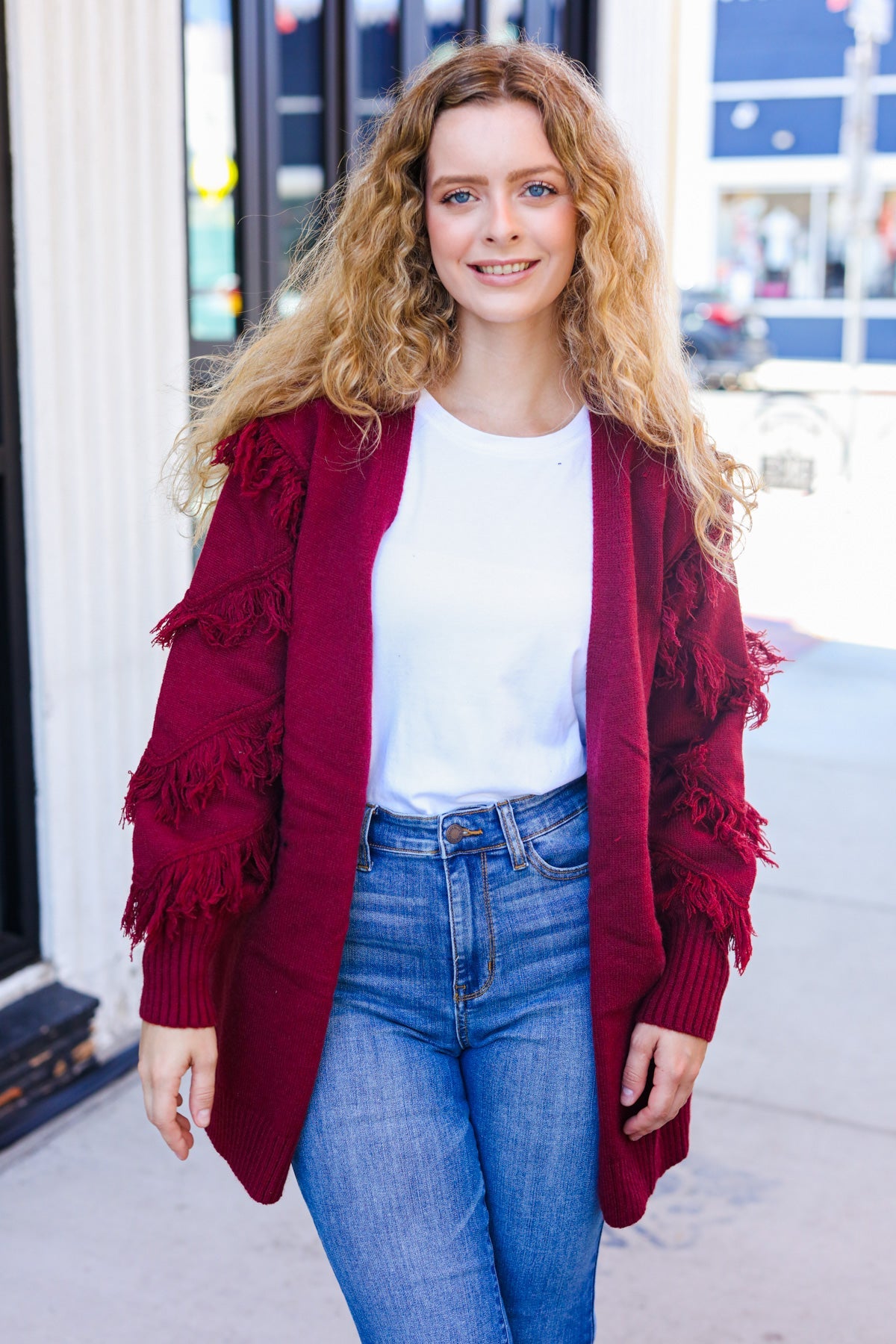 Maxct &Beautiful You Burgundy Fringe Detail Knit Cardigan