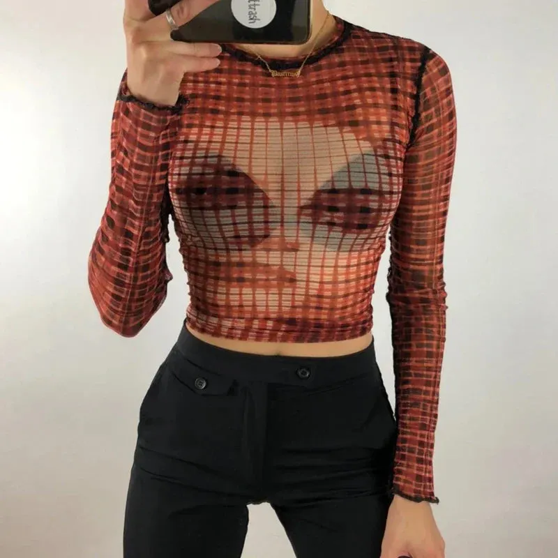 Maxct Gothic Black Pachtwork Mesh Sheer T-shirt Graphic 90s Vintage Women Long Sleeve Slim Fit Crop Top Harajuku Streetwear