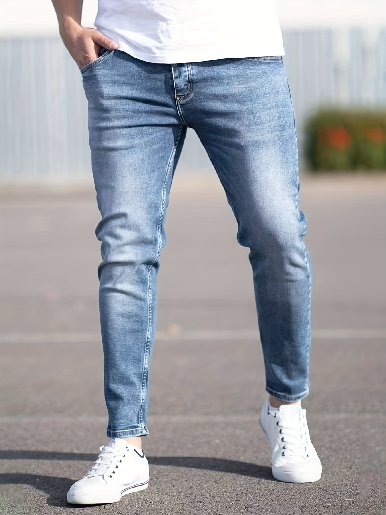 Maxct  Light Wash Cotton Slim Fit Jeans, Men's Casual Street Style Mid Stretch Denim Pants For Spring Summer