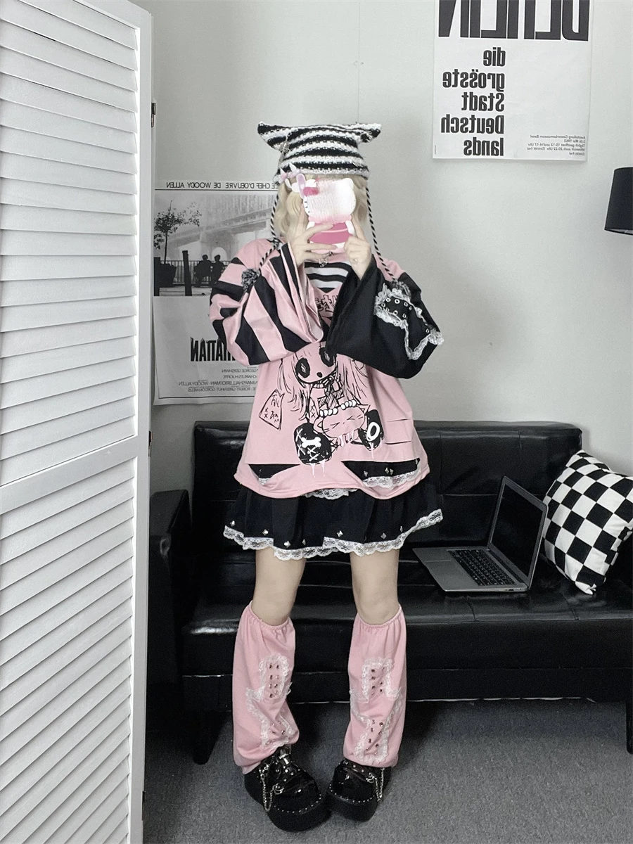 Maxct Y2k Fashion Fake Two Pieces Cartoon Print T-shirts Women Casual Loose Grunge Tops Aesthetic Fairy Harajuku Kawaii Tee