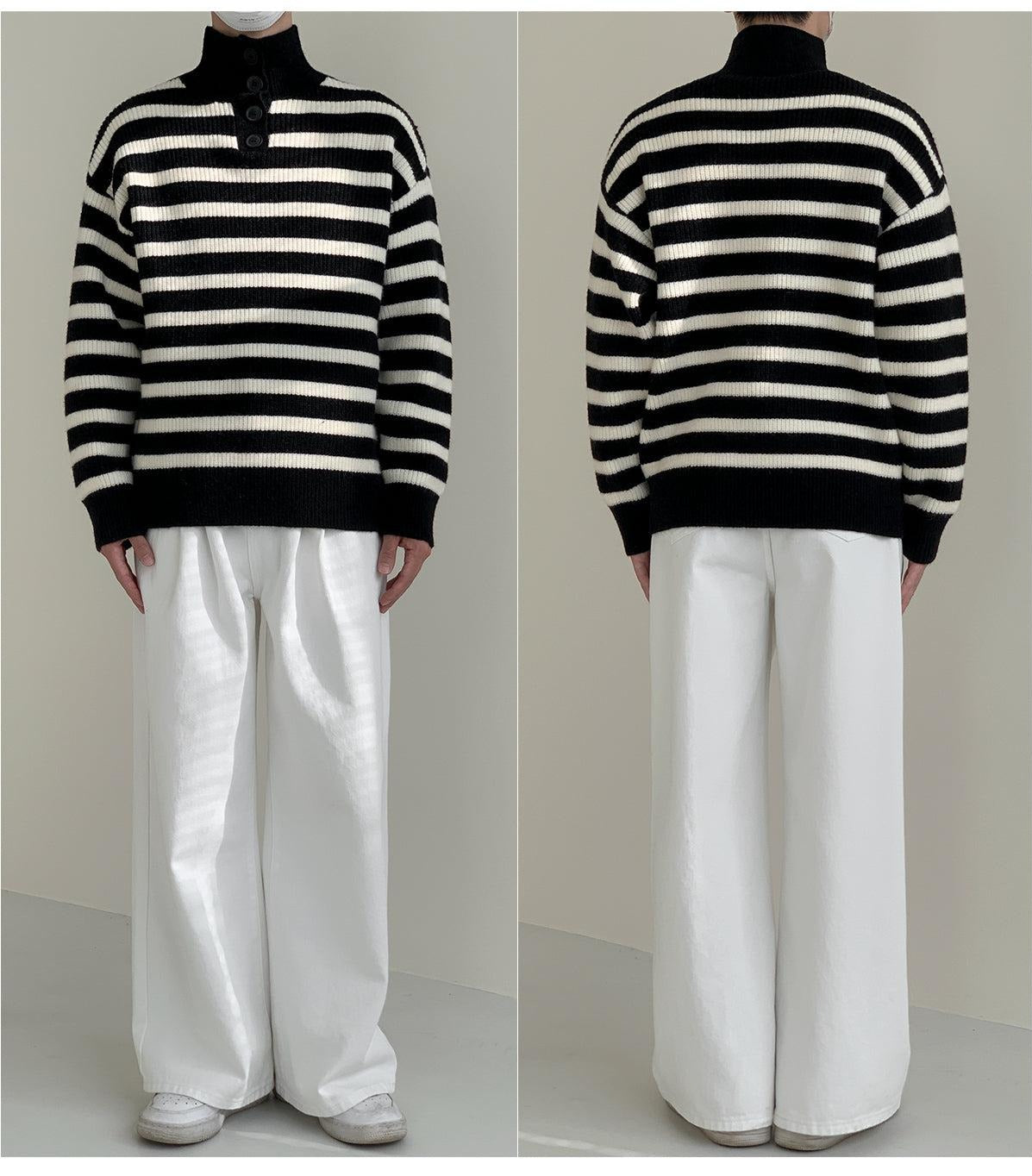 Maxct Button Stand Collar Striped Sweater