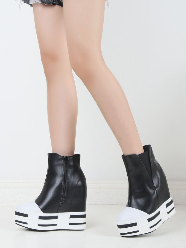 Women's 13cm Leather Platform Wedge Boots - true deals club