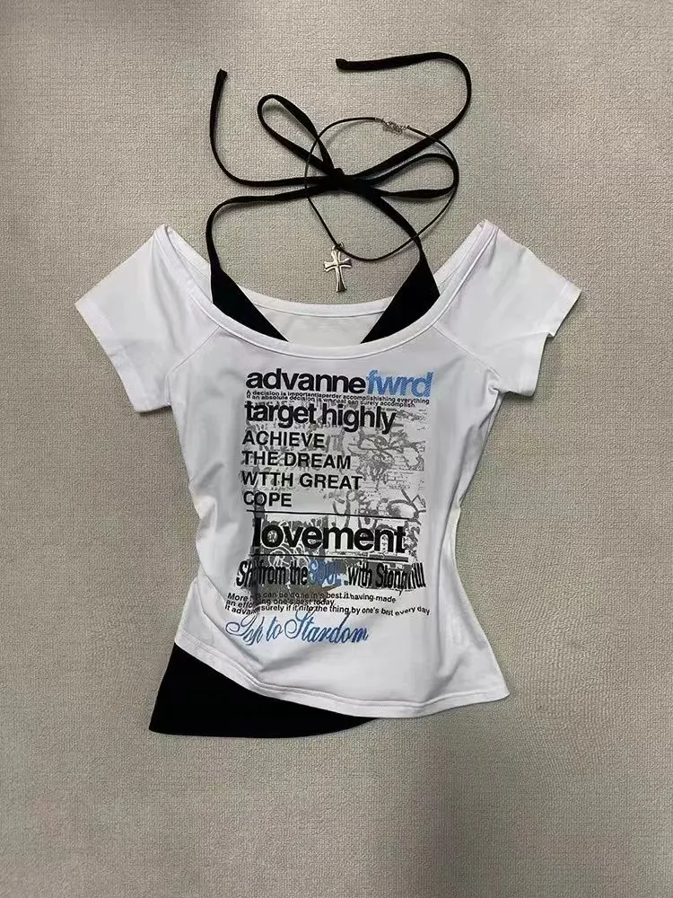 Maxct Retro Streetwear Y2K Letter Print T-Shirt Women Fashion Street Millennial Trend One Neck Spice Girl Slim Harajuku Casual Top