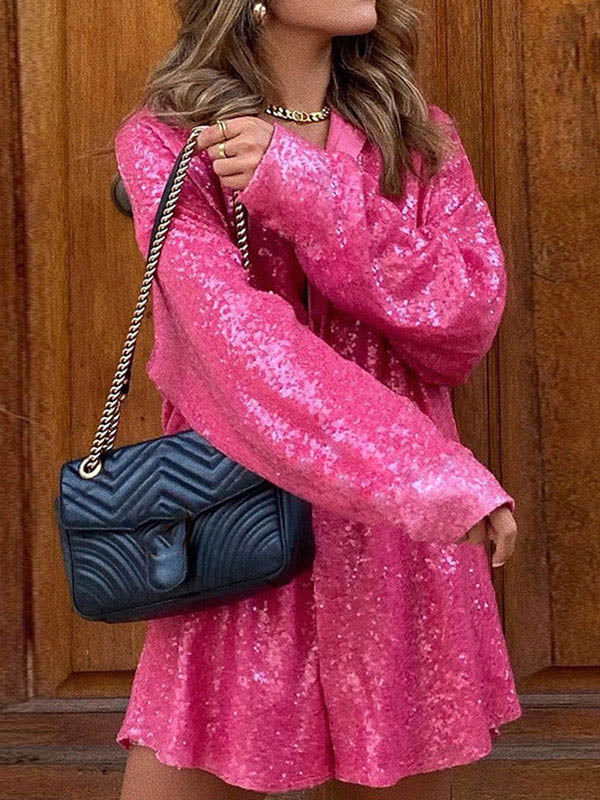 Sequin Long Sleeve Shirt Party Mini Dress Maxct