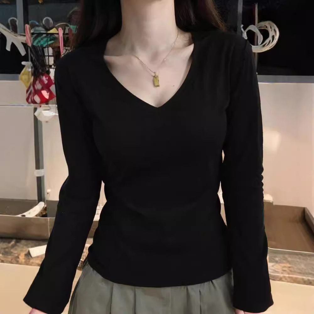 Maxct Shoulder T-Shirt Women's Spring and Autumn Outer Wearing Tight Waist Slim-Fit Pure Cotton Winter Inner Base Shirt New Long Sleeve Top