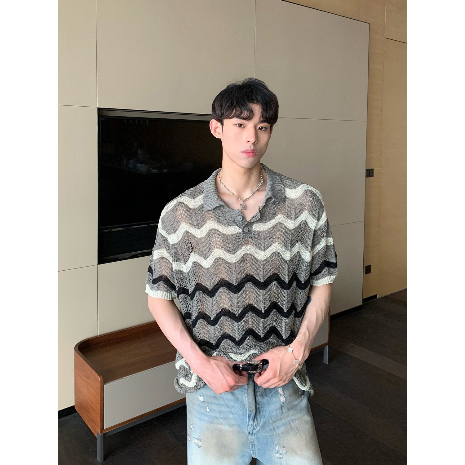 Maxct 90s Streetwear Korean Style Summer High-end Sense Hollow Color Stripe Lap Short-sleeved Niche Design POLO Shirt T-shirt Casual Top