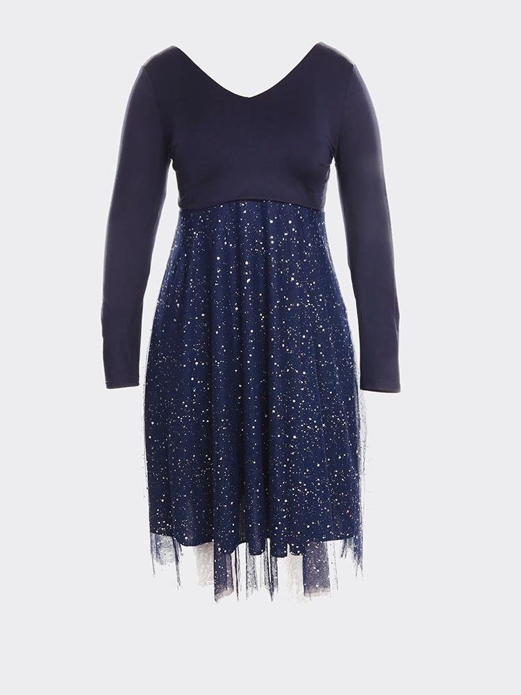 Long Sleeve Double V Neck Contrast Mesh Midi Dress Maxct
