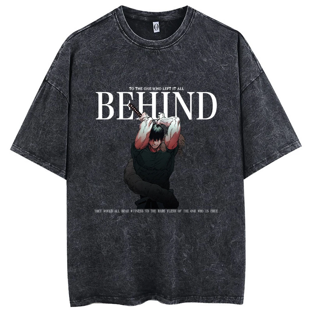 Maxct Men Streetwear Washed Acid Oversized T Shirt Japanese Anime Retro Worn Graphic Print T-Shirt Summer Cotton Short Sleeve Tees