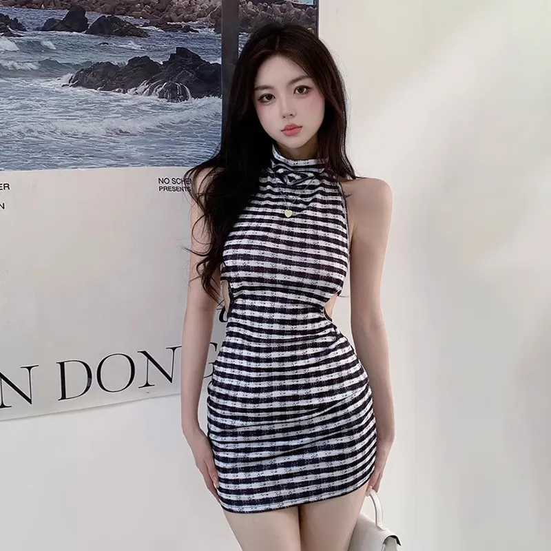 Maxct Sleeveless Dress Korean Version Stripe Halter Women's Bodycon Dress Sey Y2K