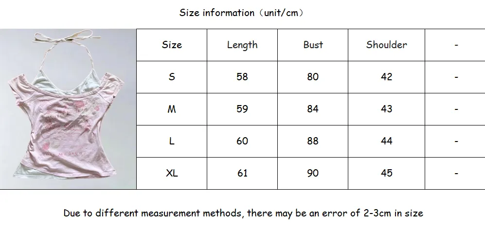 Retro Pink Hot Girl Halter Fake Two Piece Letter Print T-Shirt Y2K Streetwear Sexy Slim Harajuku Millennial Fashion Casual Tops