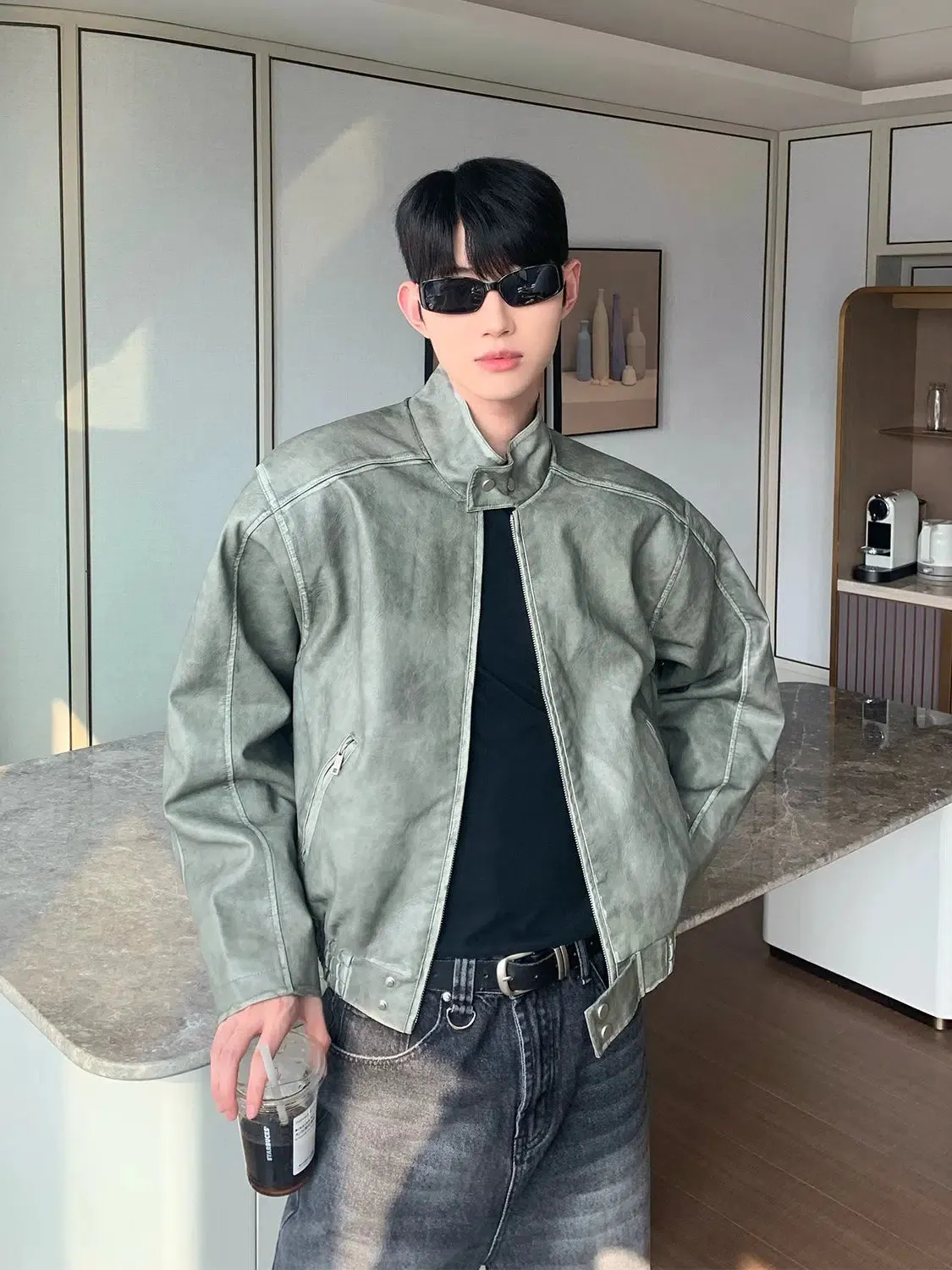 Maxct Stand Collar Cotton PU Leather Bomber Jacket