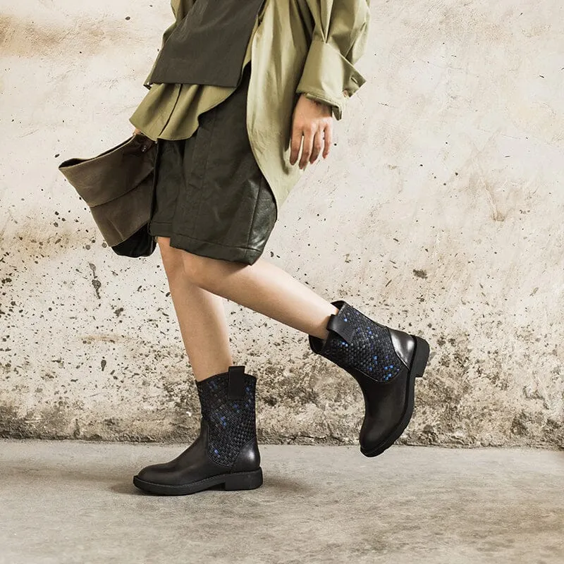 Woven Boots Mid Calf Color Blocking Design Cowgirl Boots Maxct