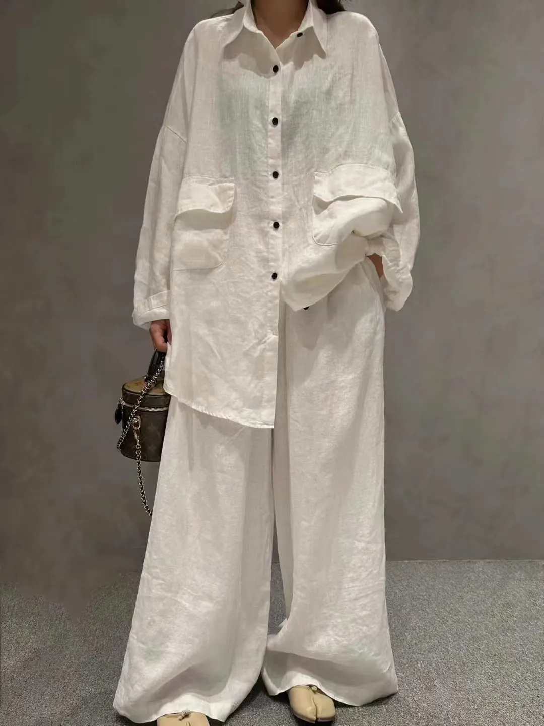 Maxct Linen Loose Shirt &Wide-Leg Pants 2-Pieces Suit