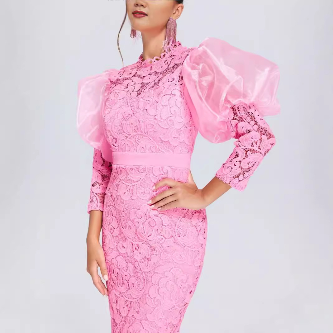 Maxct High-End Dress Dress Lace See-through Puff Sleeve Slim Party Dress Elegant Exquisite Women Dress