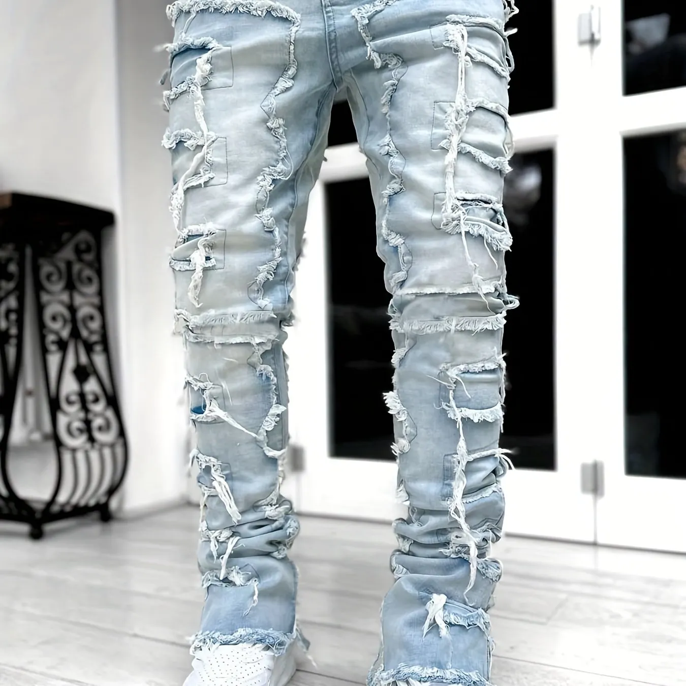Maxct Creative Tassels Decoration Straight Fit Jeans, Men's Casual Medium Stretch Street Style Denim Pants For All Seasons