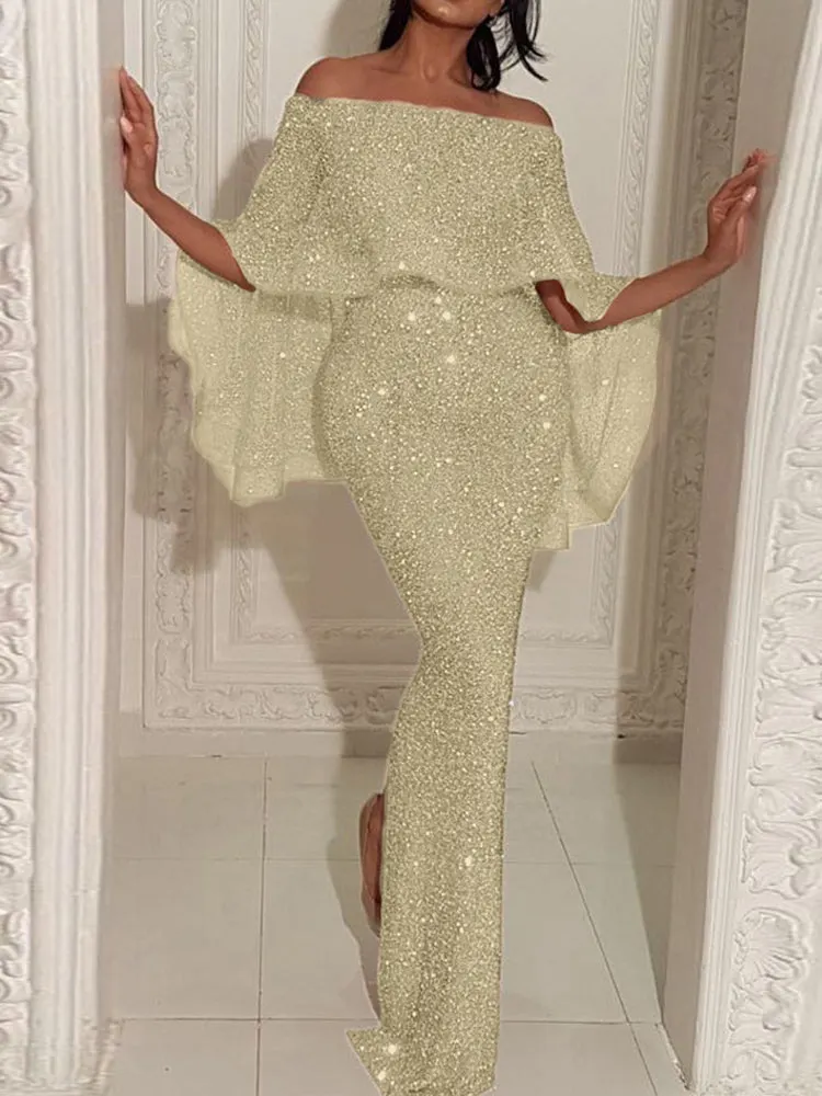 Off Shoulder Sequins Maxi Dress Maxct