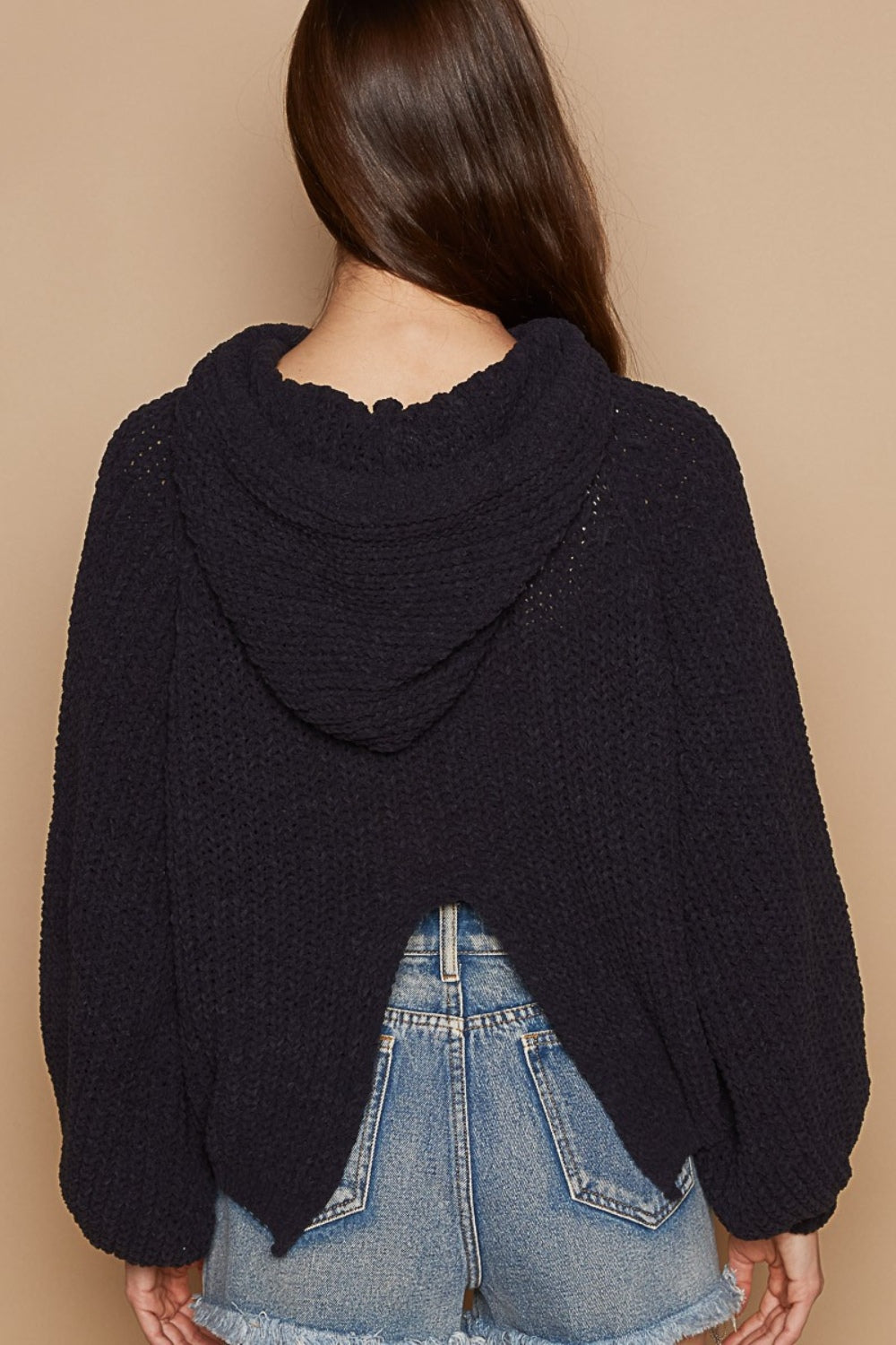 Maxct &POL Back Open Slit Balloon Sleeve Crop Hooded Sweater