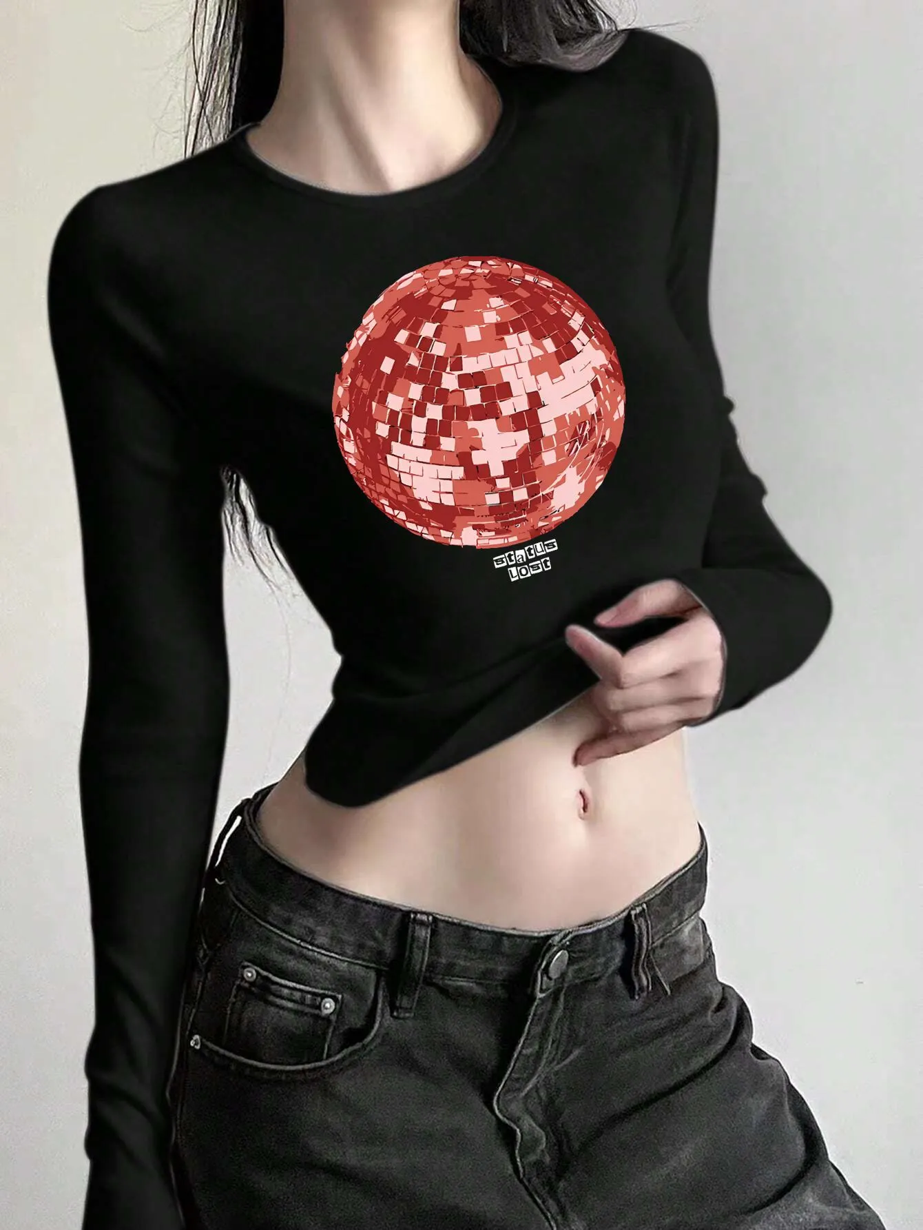 Maxct American Hot Girl round Neck Shoulder Long Sleeve Navel Top Fashion Street Slim Short T-shirt for Women