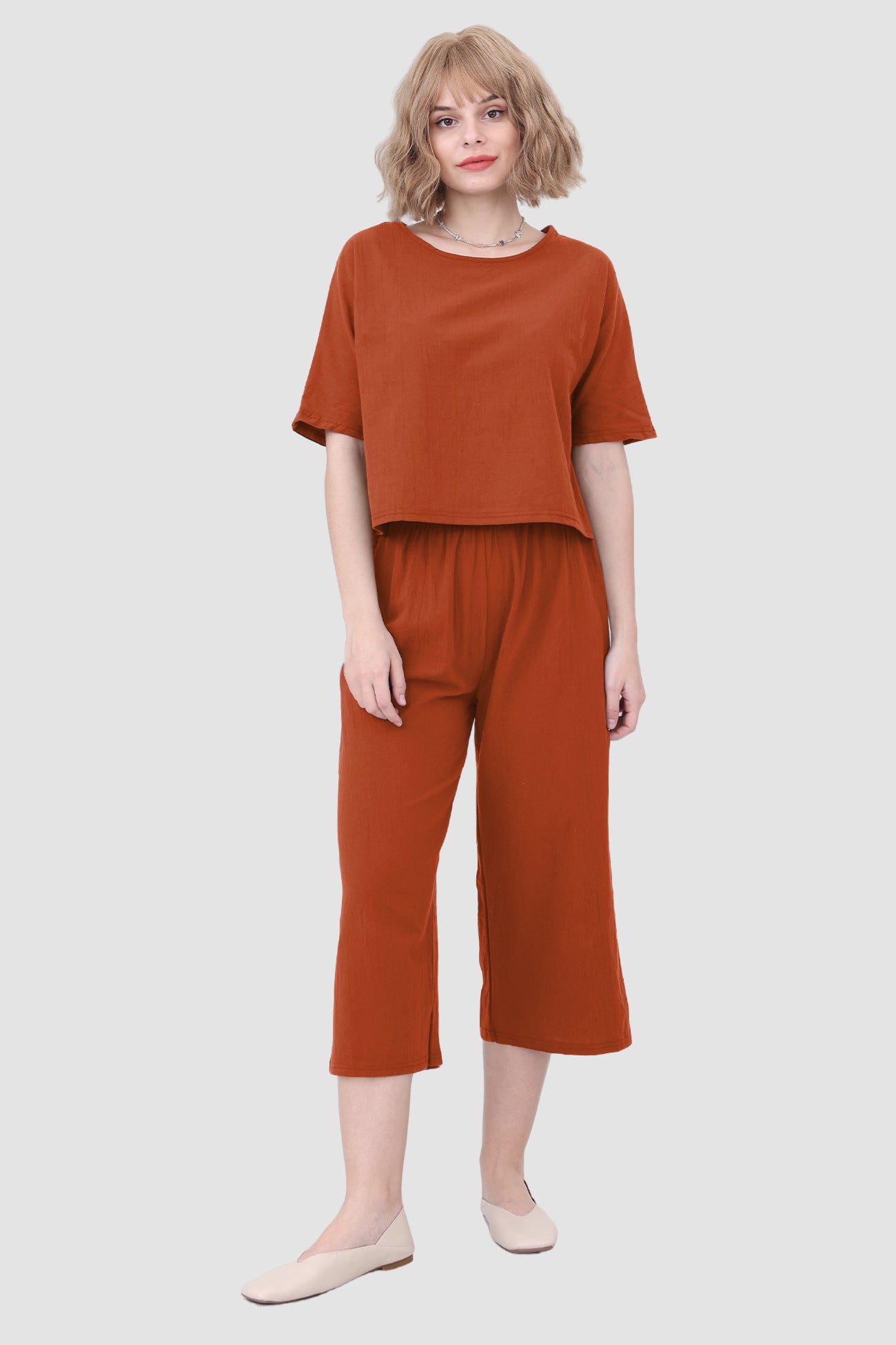 Maxct Solid Short Sleeve Top & Elastic Waist Pants