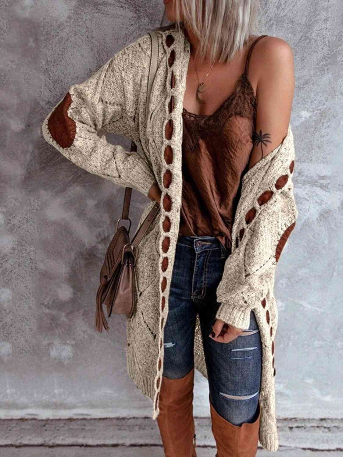 Maxct &Openwork Long Sleeve Open Front Hooded Cardigan