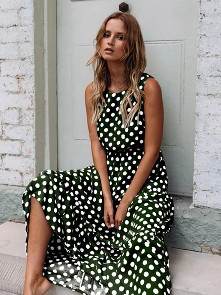 Maxct Sleeveless Polka Dot Print Women Midi Dress Casual Fashion Dresses A-Line Boho Elegant Beach Long Dress Vestidos