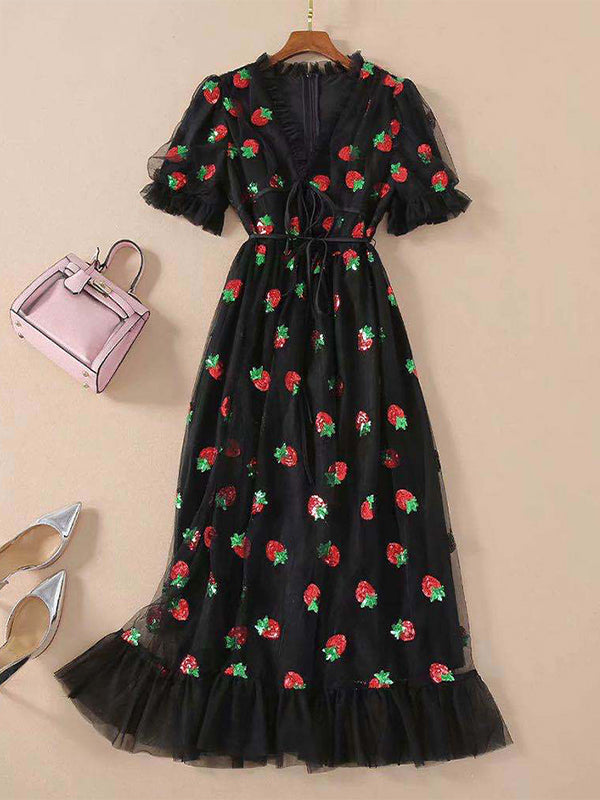 Sequined Strawberry Mesh Pleated Maxi Dress Maxct