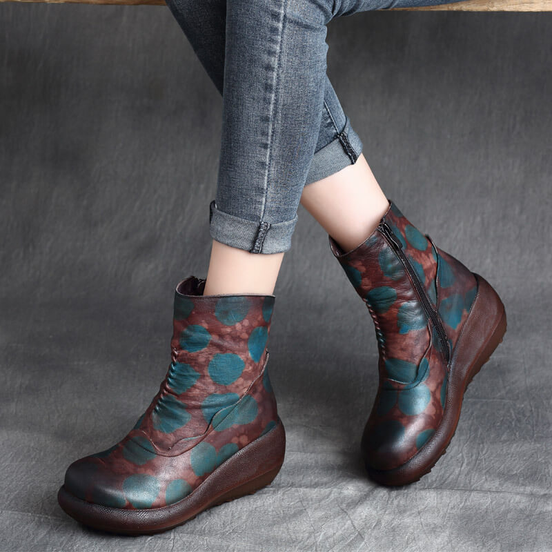 Maxct Women Autumn Winter Retro Leather Thick- Soled Wedge Heel Boots