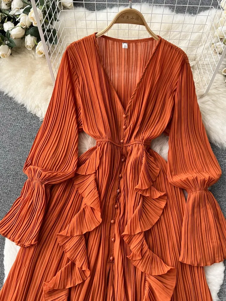 Maxct Maxct Chiffon Pleated Long Dress Women Vintage V-Neck Flare Sleeve Draped Ruffle Vestido Female Maxi Robe Spring Fall 1215-1