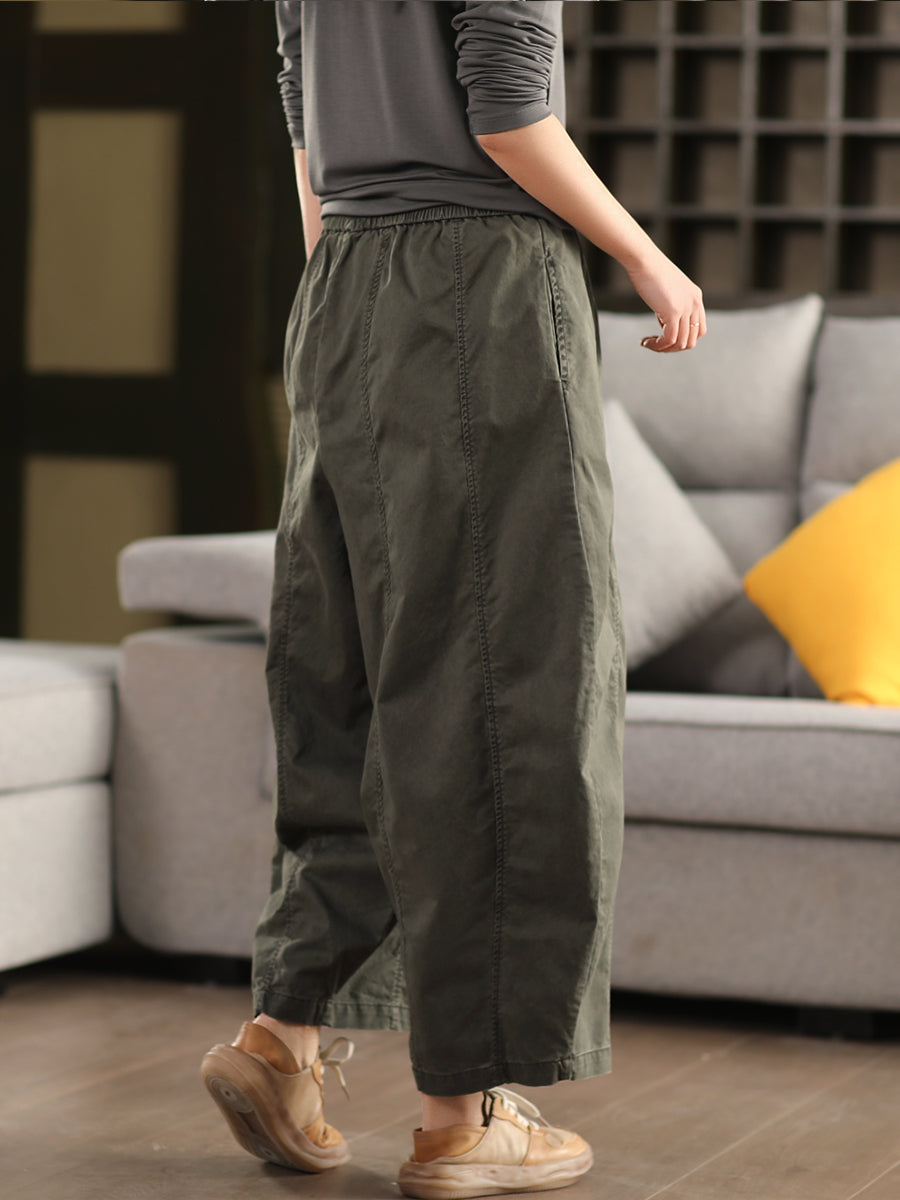 Women Spring Retro Cotton Solid Color Casual Harem Pants