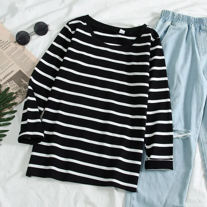 Maxct Long Sleeve T-shirts Women Striped Tshirts All-match Loose Basic Tops Leisure Korean Style Mujer Fashion Clothing Ins