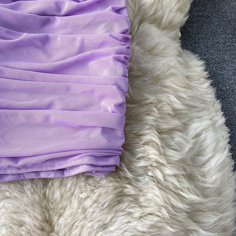 Sexy Mesh Draped Bodycon Dress Women Elegant Square Collar Short Puff Sleeve Pleated Vestidos Female Summer