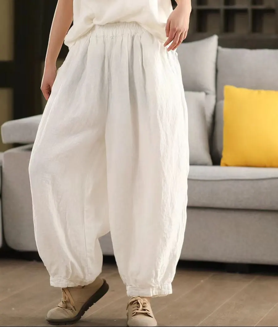 Ladies Spring Loose Vintage Washed Solid Linen Harem Pants