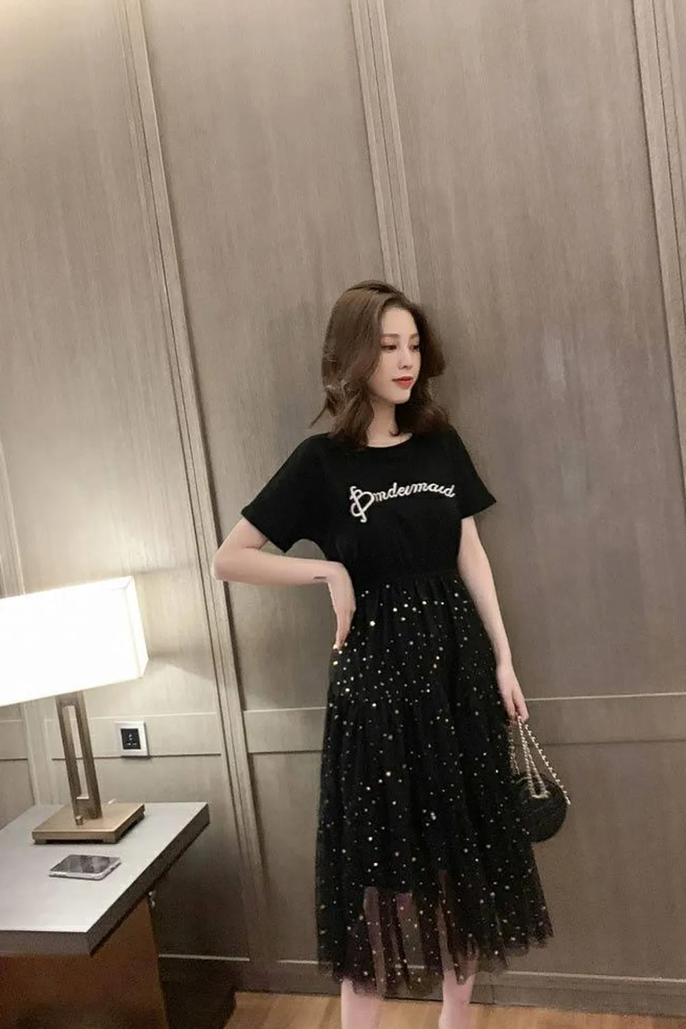 Loose O-Neck Casual Mesh Sequined Dress Maxct