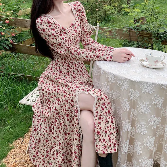 Sweet Floral Corduroy Midi Dress Maxct