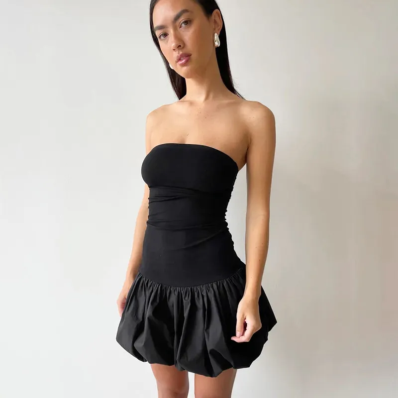 Contrast Color Mini Folds Dress For Strapless Slim Sleeveless Ruched Splice Y2K Beach FeClub Party Dress