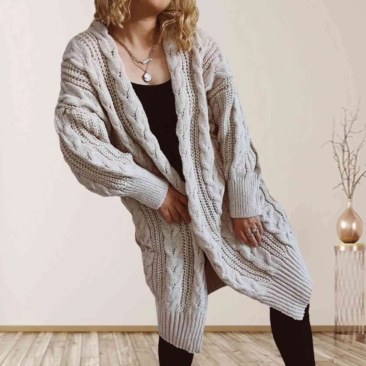 Maxct &Cable-Knit Open Front Dropped Shoulder Cardigan