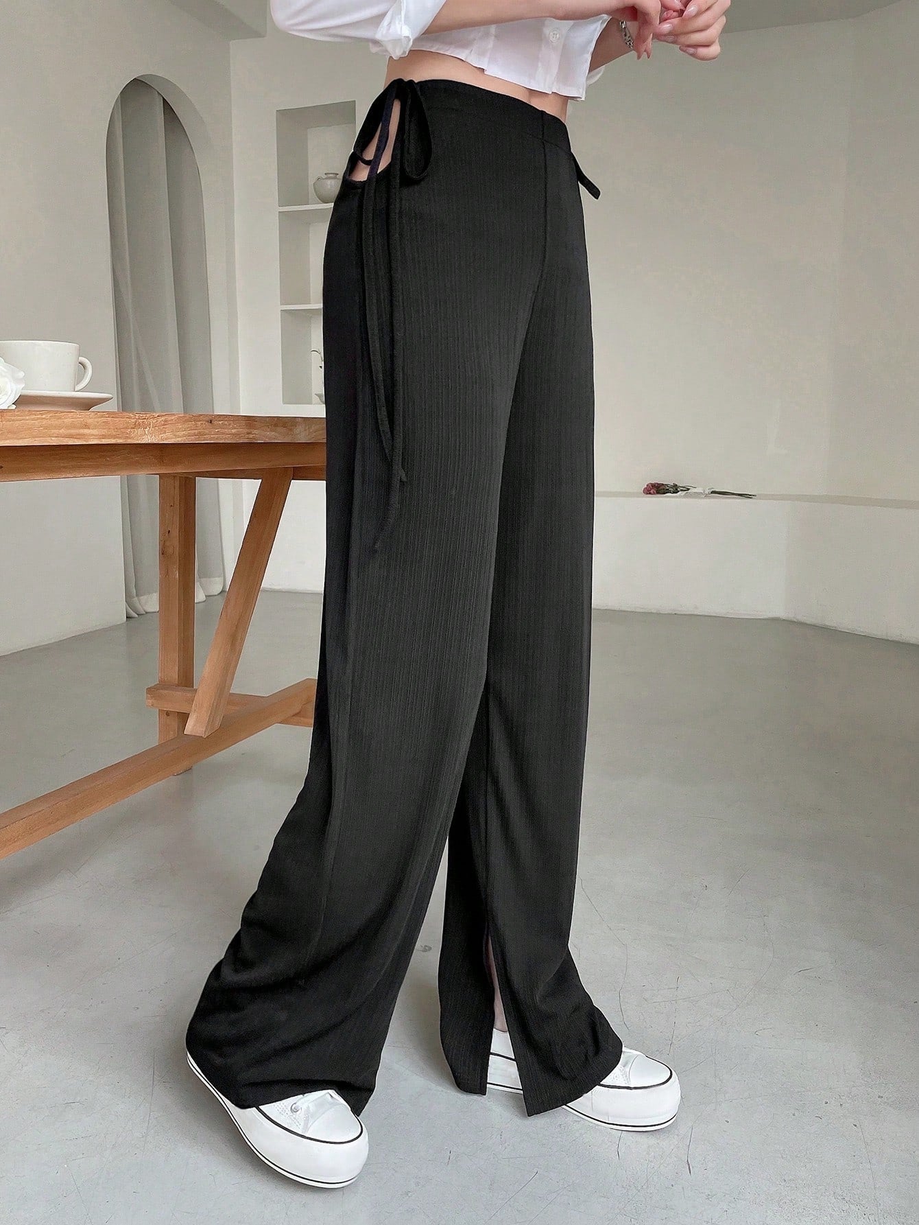 Maxct Women Double-Sided Hollow Out Design Sense Drawstring Suit Pants