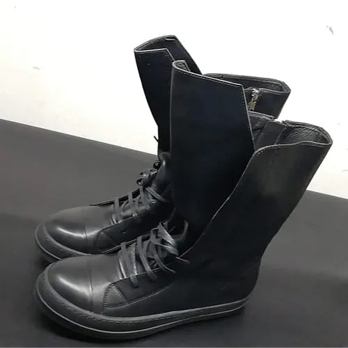 Leather Sneakers  Black Round Toe High-top Unisex Maxct