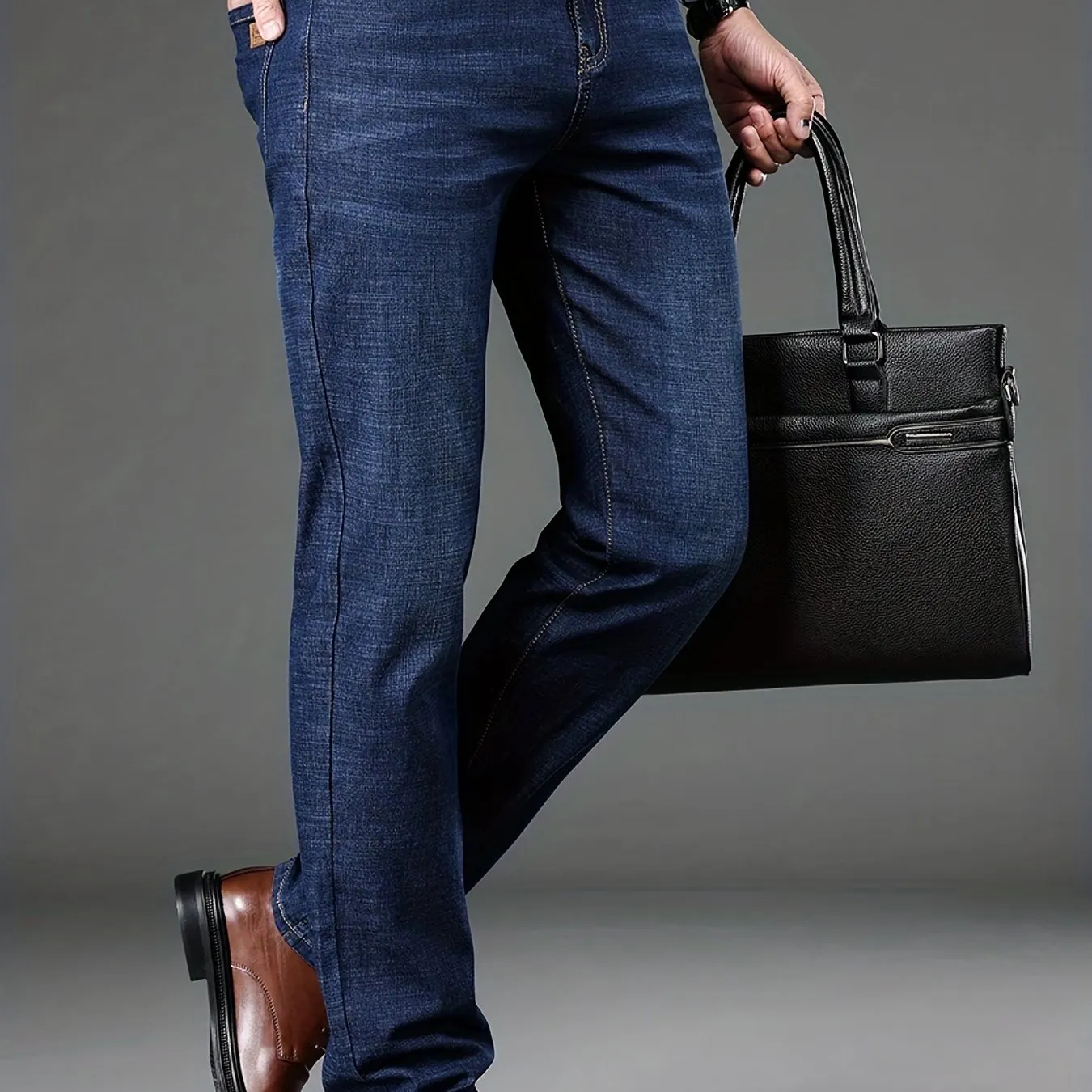 Slim Fit Straight Leg Jeans For Business, Men's Medium Stretch Comfy Casual Pants For Spring Fall