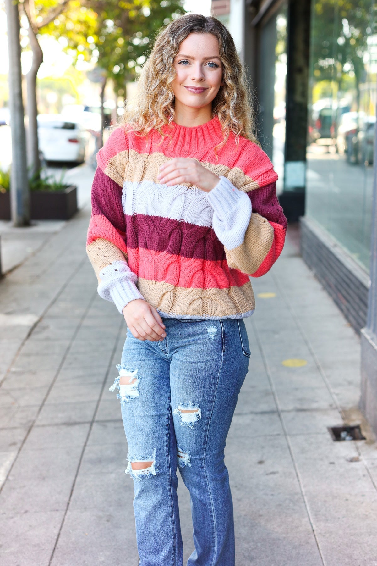 Maxct &Fall For You Rust Multicolor Stripe Cable Knit Mock Neck Sweater