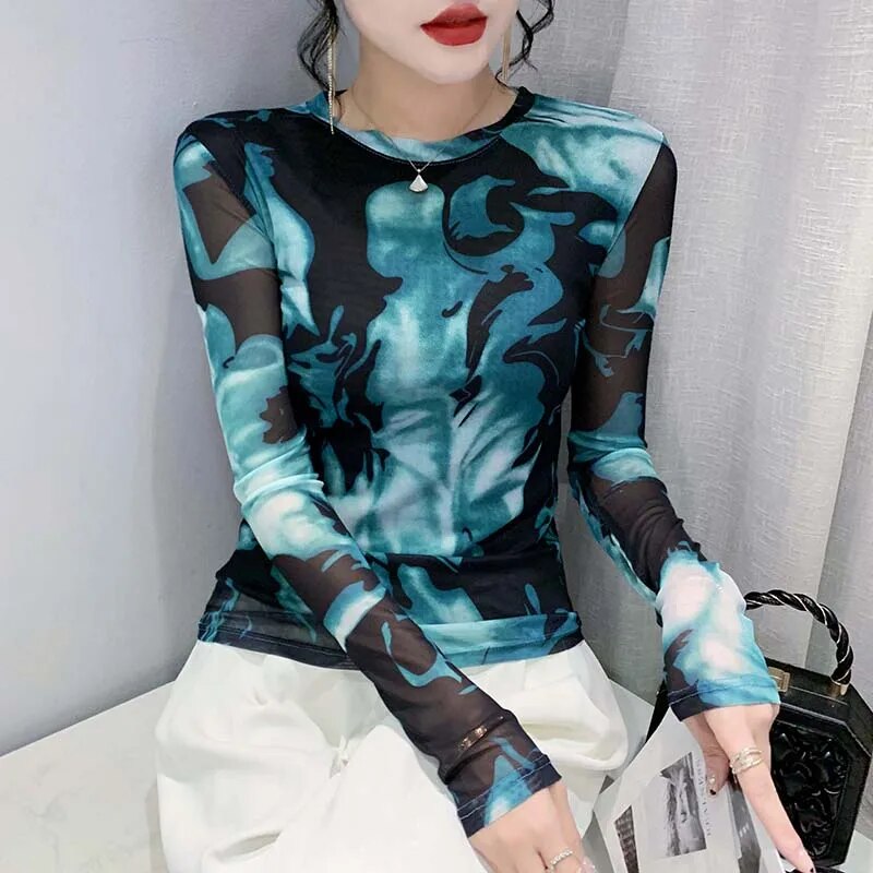 Maxct Full Sleeve O-Neck T-shirt Girls Stretchy Printed Mesh TShirts Tops Woman Stretchy Slim Tee