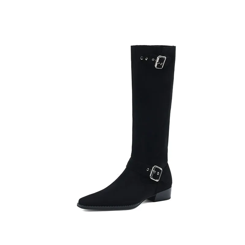 Womens Suede Knee High Boots with Buckles Maxct